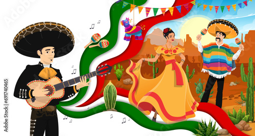 Mexican travel paper cut banner, with desert landscape, pinata and maracas, vector background. Woman dancer and mariachi musician characters in sombrero with guitar and maracas on fiesta in Mexico