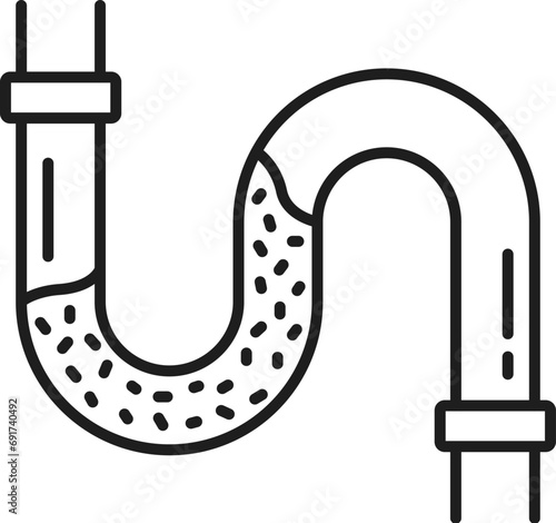 Plumbing service icon with thin line drain pipe clog. Vector blocked water pipe trap of kitchen or bathroom sink, toilet sewer or sewerage. Drain cleaning or unclog plumbing service outline symbol