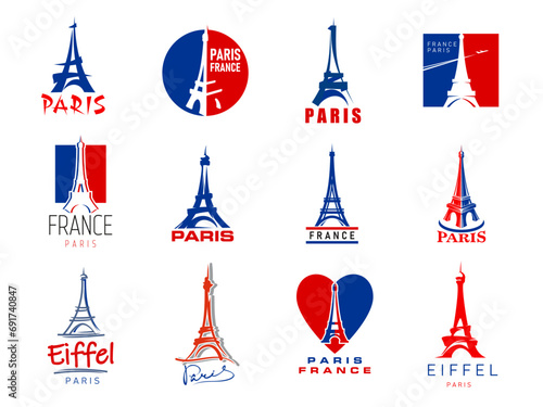 Paris Eiffel tower icons, France travel symbols. Paris famous landmark, French travel or European vacation tour or tourism abstract vector signs. France city architecture icons with Eiffel tower