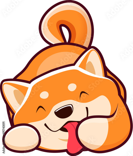 Cartoon kawaii Shiba Inu dog licking paw, cute puppy pet or funny animal, vector kids character. Shiba Inu puppy dog playing with tongue and paws, baby mascot or happy dog emoji
