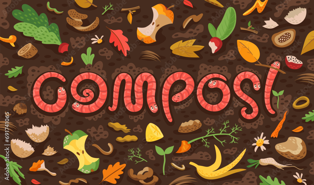 Funny cartoon earth worms in compost waste soil ground. Typography word ...