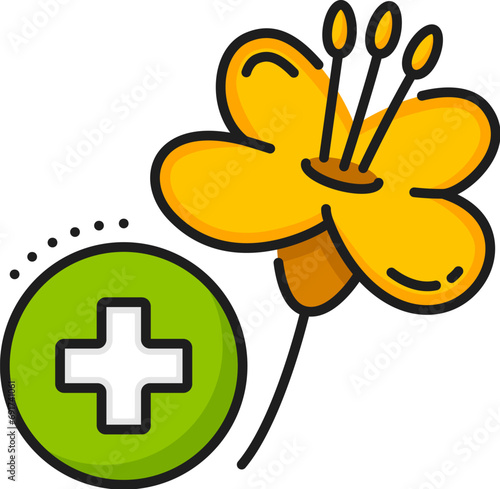 Rapeseed, canola oil icon, featuring vibrant yellow flower with a medical cross, symbolizes the intersection of nature and healthcare. Isolated vector linear sign, signifying healing and wellness