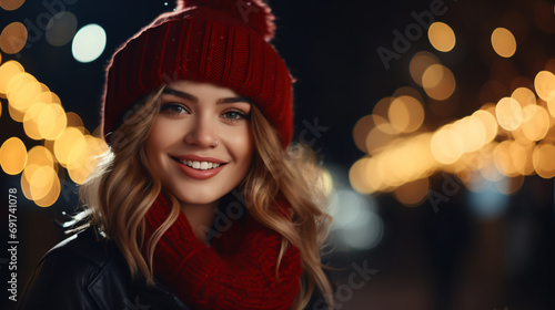 Beautiful woman wearing a red Santa hat is standing against a bokeh light background. He is smiling and looking at the camera.