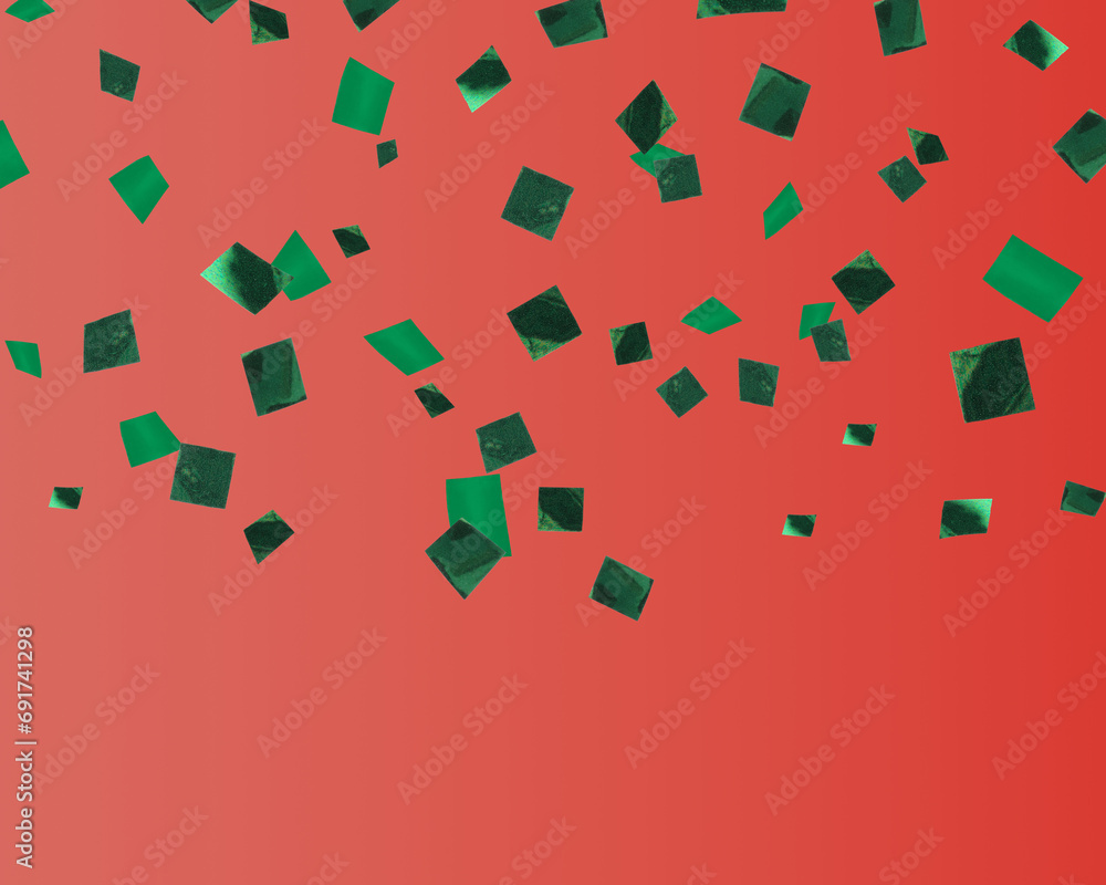 Shiny green confetti falling on red background