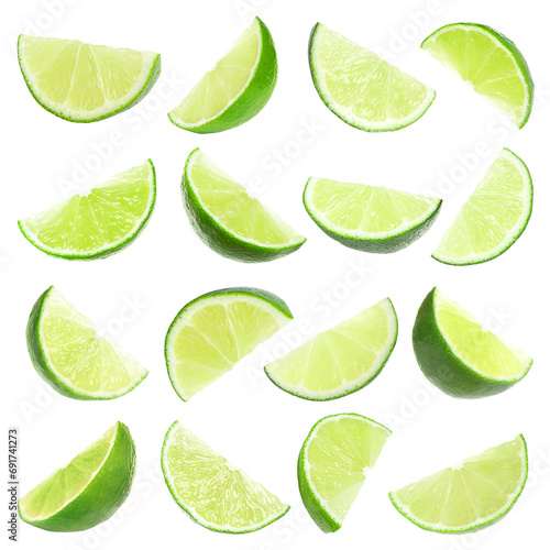 Lime wedges on white background, set. Citrus fruit