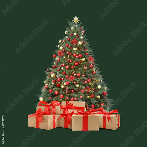 Beautiful Christmas tree with many gift boxes under on dark green background