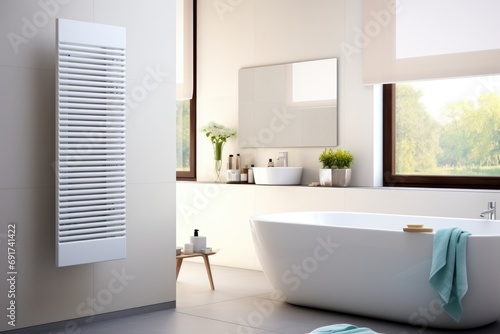 Bathroom with white radiator, window, and plants © InfiniteStudio