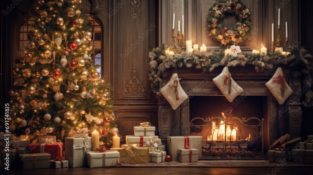 Beautiful Victorian style living room with a fireplace, decorated New Year tree and gift boxes. Christmas ambience. AI Generated Beautiful Victorian style living room with a fireplace, decorated New Year tree and gift boxes. Christmas ambience. AI Generated