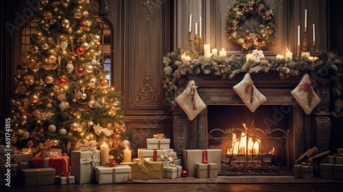 Beautiful Victorian style living room with a fireplace, decorated New Year tree and gift boxes. Christmas ambience. AI Generated © EarthWalker