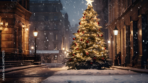 Christmas tree in city park on christmas eve
