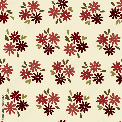 Small bouquets seamless pattern. Hand drawn monochromatic red flowers and leaves on beige background. Delicate floral allover print