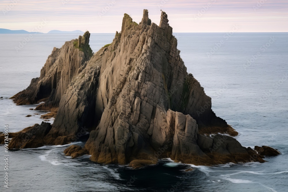 Steep islet in rocky coastline, Generative AI 