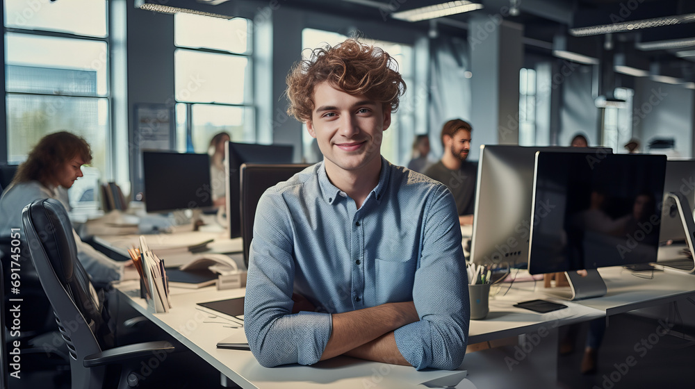 A determined man contemplates his work in the modern office, surrounded by technology and the trappings of his job A determined man contemplates his work in the modern office, surrounded by technology and the trappings of his job