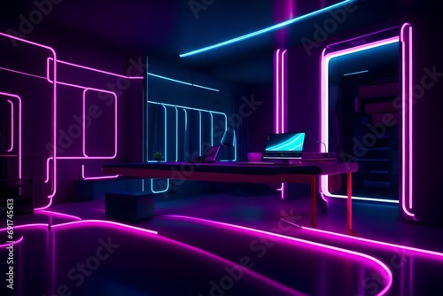 A vibrant neon-lit bedroom with a neon aquarium as a headboard, casting a colorful underwater glow throughout the room, blending technology with nature