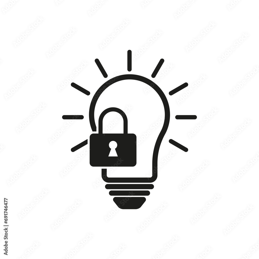 Patent idea. Patented solution locked or protected light bulb icon. Private property sign. Intellectual property icon. Vector illustration. EPS 10. Patent idea. Patented solution locked or protected light bulb icon. Private property sign. Intellectual property icon. Vector illustration. EPS 10.