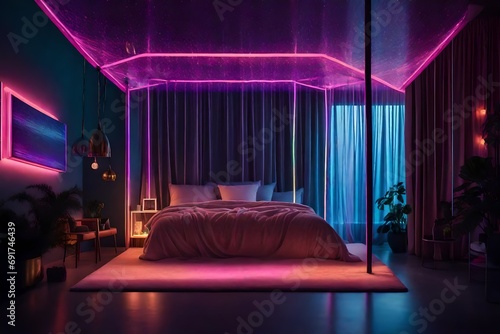 A cozy neon-lit bedroom adorned with holographic artwork and a translucent canopy bed  casting a soft glow across the room