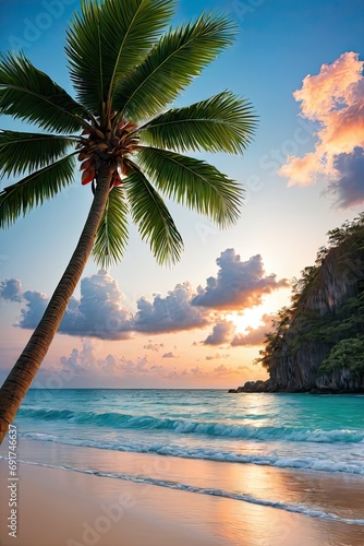 a Tropical sunset on an idyllic beach with palm trees.