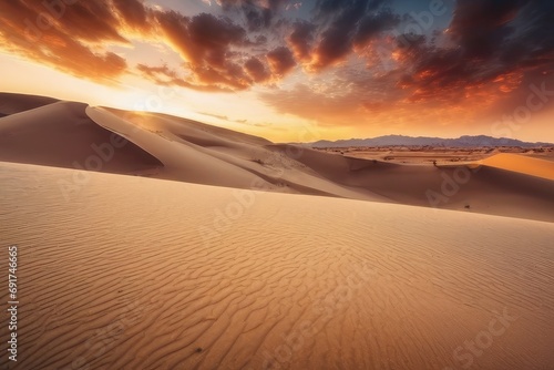 Dramatic sunset over a desert landscape with orange sky.