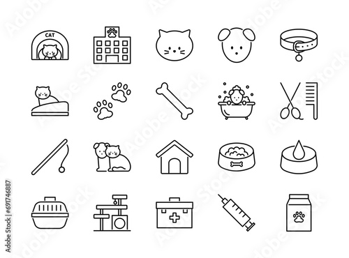 Set of pet icons. Containing dog, cat, animals symbol. Animal care and vet clinic elements collection. Vector illustration, editable stroke.