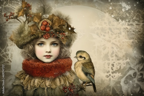 Vintage style Christmas card with a cute girl and a bird. New Year postcard. AI Generated
