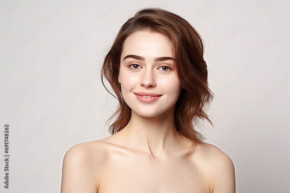 Obraz premium Portrait of a happy, confident, and healthy Caucasian woman with glowing skin and positivity. Generative AI