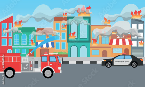 Fire Disaster at village take off by fireman and fire truck with police car, cartoon flat design illustration background © Lucky Graphic's