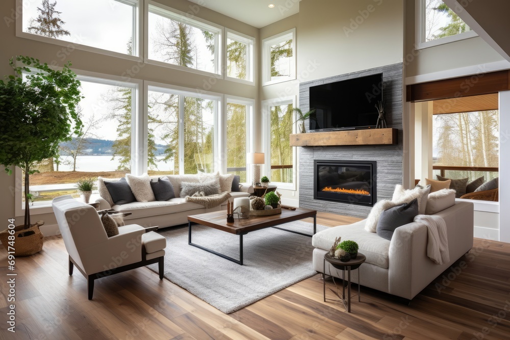 Beautiful living room interior in new luxury home with hardwood floors and fireplace. Several large windows suggest an outdoor view. Generative AI 