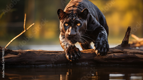 Black panther crossing a log over water at sunset.