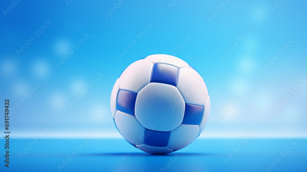 Fototapeta premium Blue and white soccer ball on a blue background with a subtle gradient and shadow, depicting sports and team themes.