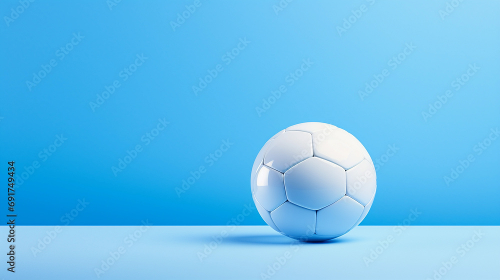 Fototapeta premium White soccer ball on a blue background with copy space.