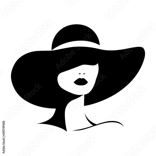  Portret pięknej kobiety w eleganckim kapeluszu z szerokim rondem. Młoda dziewczyna narysowana w minimalistycznym stylu. Ilustracja wektorowa High Fashion.