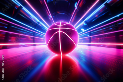 Futuristic neon-lit basketball with glowing lines on a reflective surface, vibrant cyberpunk aesthetic.