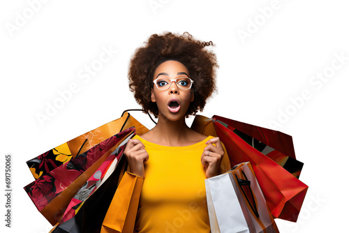 carry buyer buy black bag attractive space copy promotion shocked Beautiful fashionable African American woman colorful shopping bags surprised sale concept isolated yellow banner background photo