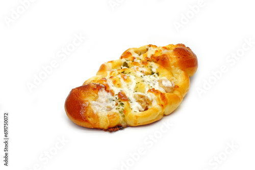 Sausage bun isolated on white background. Bakery, pastry, food isolate