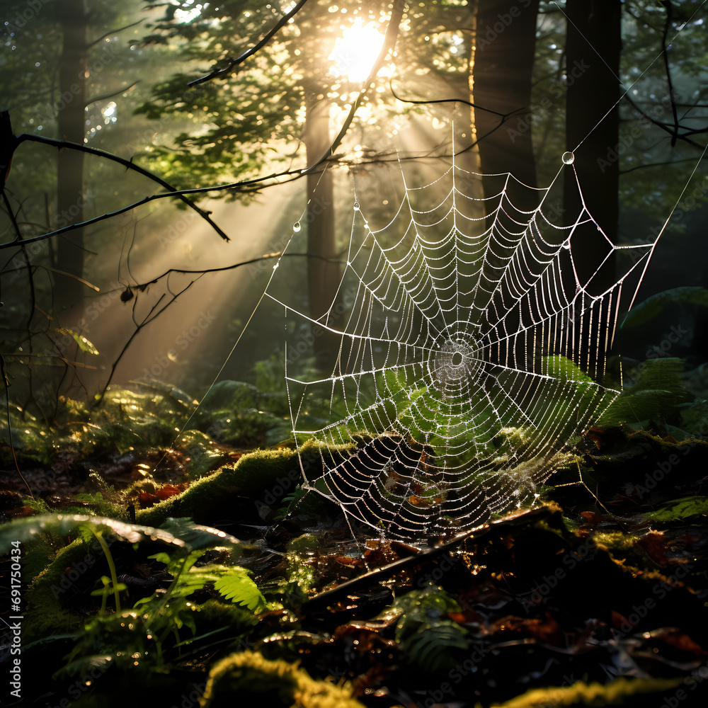 A dew-covered spiderweb in a mystical forest