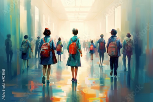 many children students with schoolbag backpacks in school corridor, abstract painting-like neural network ai generated art, picture produced with ai, Generative AI  photo