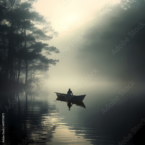 A lone fisherman in a small boat on a misty lake