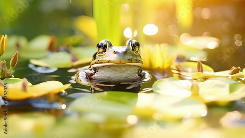 Closeup of a frog perched on a lily pad, its eyes catching the moons reflection as it glides through the water. photo