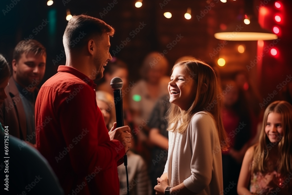 Family members participating in a talent show or karaoke night, capturing moments of fun, leaving space for quotes on entertainment Family members participating in a talent show or karaoke night, capturing moments of fun, leaving space for quotes on entertainment