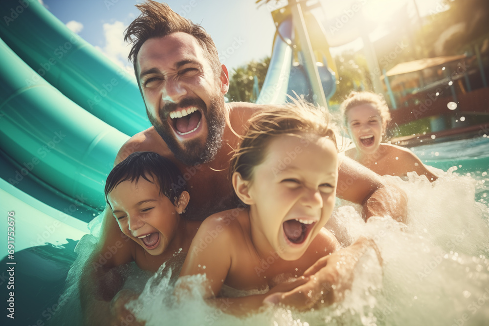 A big family enjoying a day at a water park, capturing the thrill and excitement, leaving space for quotes on exhilaration A big family enjoying a day at a water park, capturing the thrill and excitement, leaving space for quotes on exhilaration