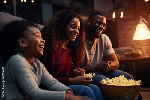 Family members enjoying a movie night or binge-watching favorite shows  leaving space for quotes on shared entertainment
