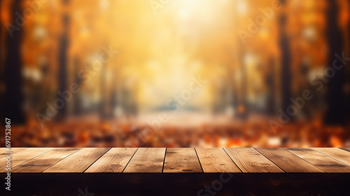 wooden table with autumn forest background