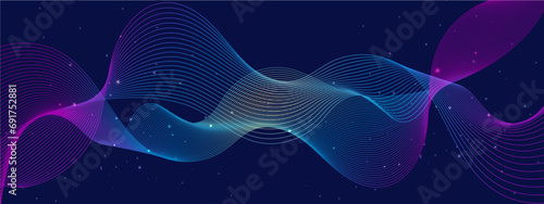 Blue yellow and purple violet vector glowing tech line modern abstract background. Technology abstract lines on with wave swirl, frequency sound wave, twisted curve lines with blend effect.