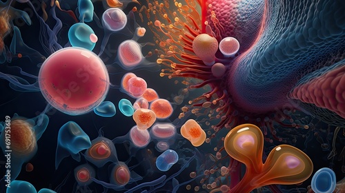 Magnified microscopic world background. With cells, bacteria, and abstract particles shapes and patterns.