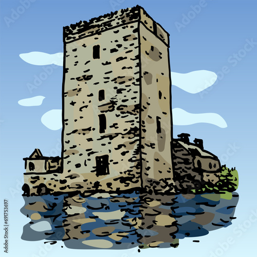 Thoor Ballylee Castle. View of historical Irish tower house in County Galway, Ireland. Yeats Tower. Hand drawn colorful sketch.