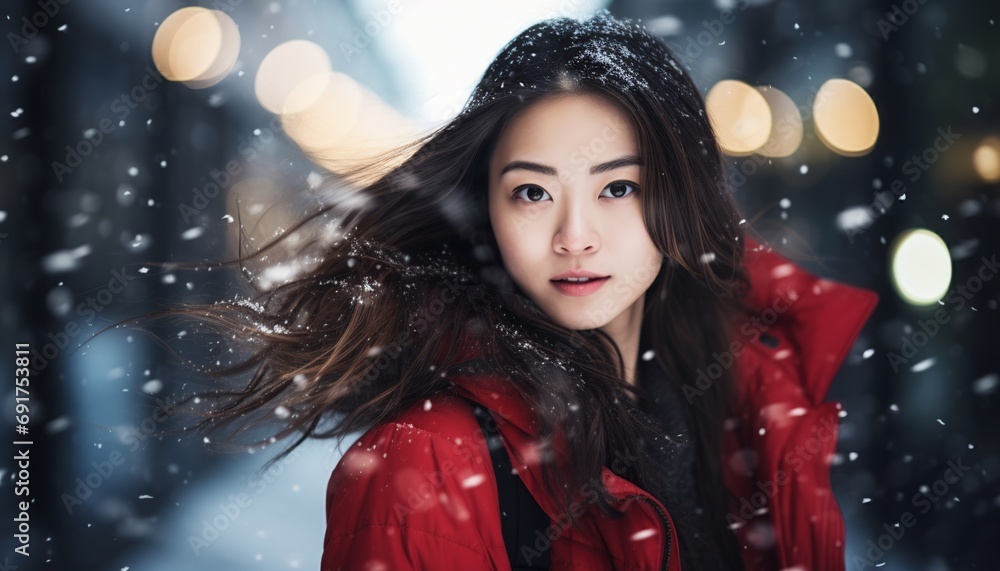 Fashion portrait candid shot of a beautiful asian japanese woman outdoors on winter, christmas bokeh lights at the background, snow or snowflakes falling