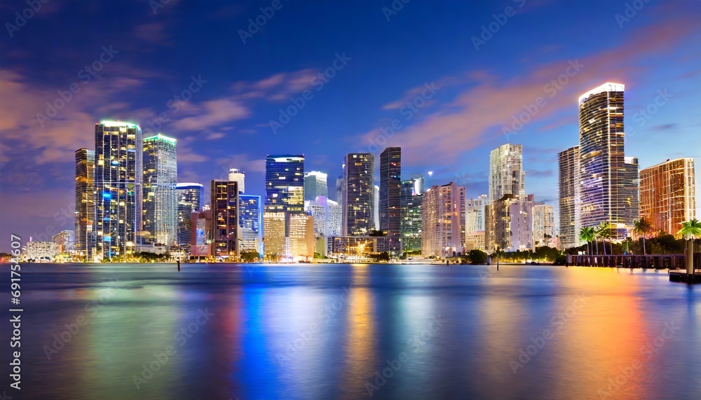 Miami city skyline with skyscrapers on the water