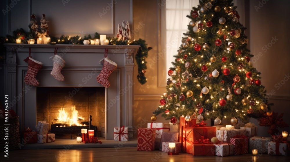 Living room with a fireplace, decorated Christmas tree, candles and gift boxes. New Year ambience. AI Generated Living room with a fireplace, decorated Christmas tree, candles and gift boxes. New Year ambience. AI Generated