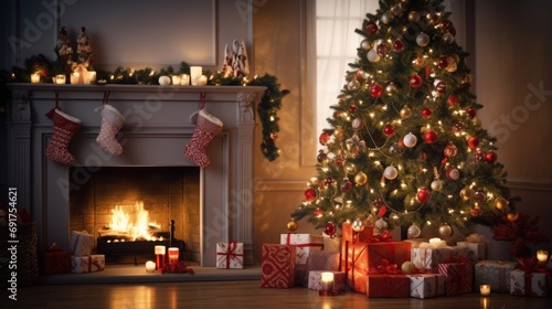 Living room with a fireplace, decorated Christmas tree, candles and gift boxes. New Year ambience. AI Generated © EarthWalker