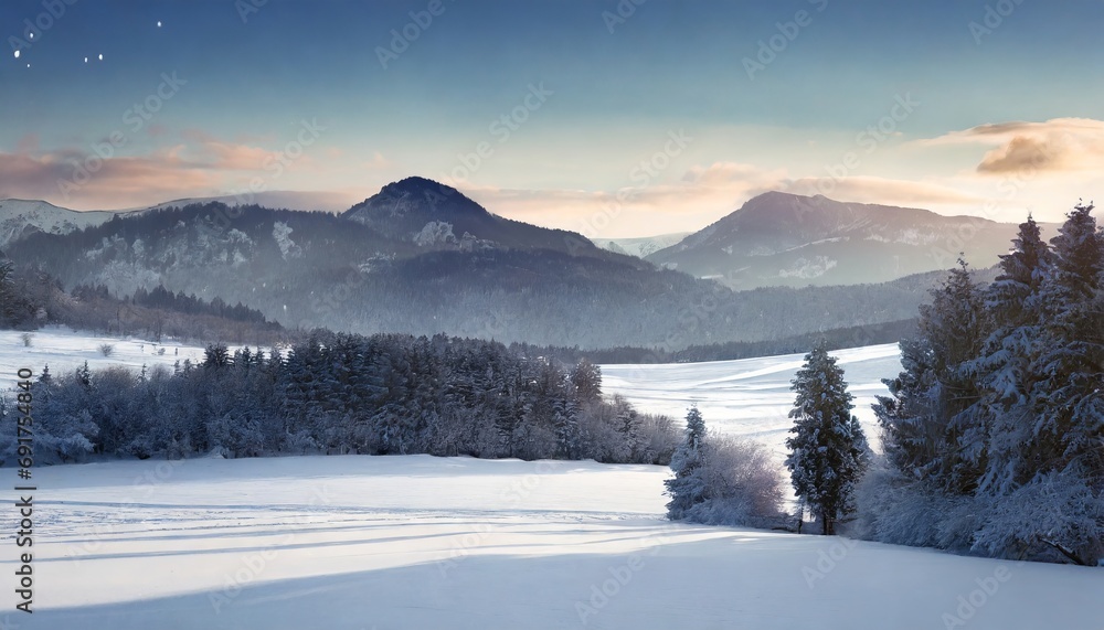 Winter solstice with a snowy forest and mountains in the background